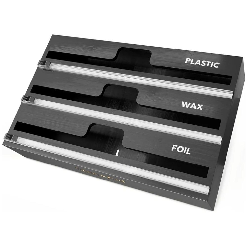 🩵NIB Black Bamboo Kitchen Wrap Cutter & Drawer Organizer